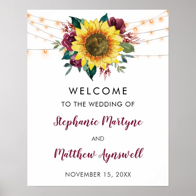 Póster Rustic Sunflower Floral Lights Wedding (Frente)