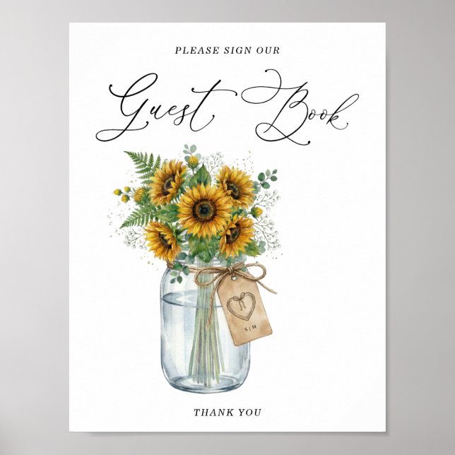 Póster Rustic Sunflower Mason Jar Guest Book Sign (Frente)