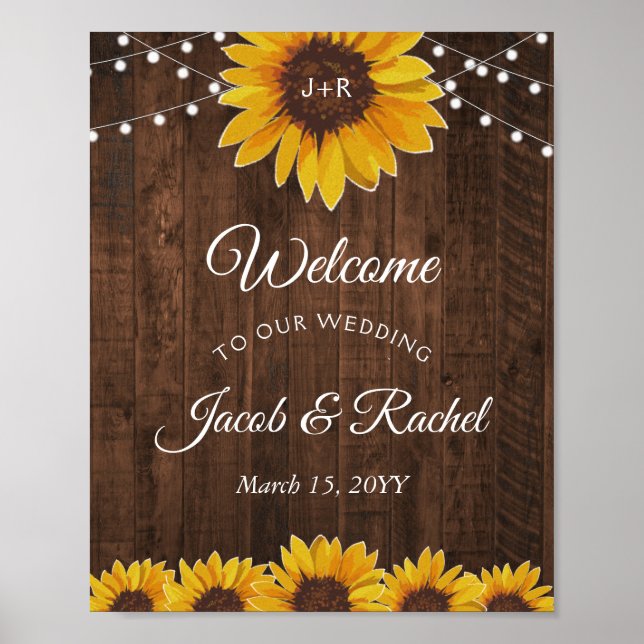 Póster Rustic Sunflower String ilumina al Boda de bienven (Frente)