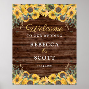 Póster Rustic Sunflower Wood Barn Wedding Welcome Poster
