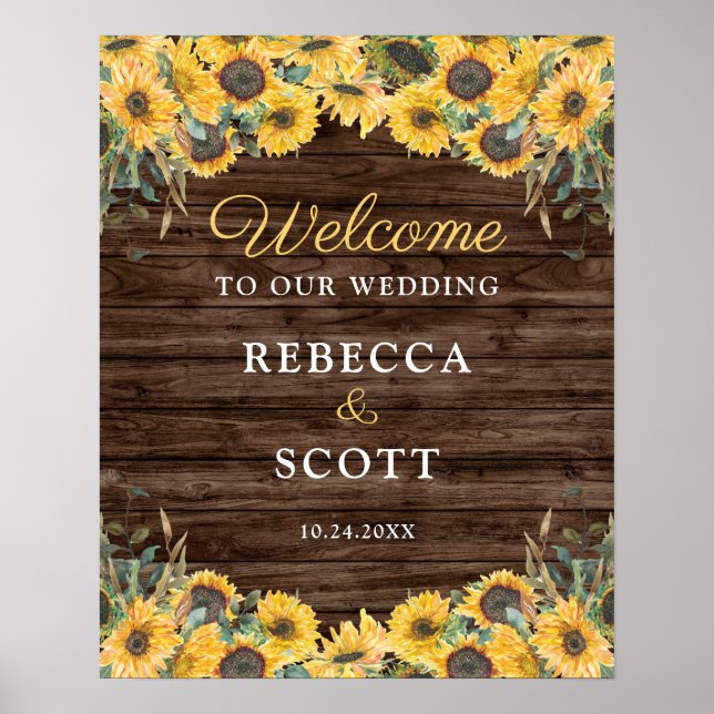 Póster Rustic Sunflower Wood Barn Wedding Welcome Poster (Frente)