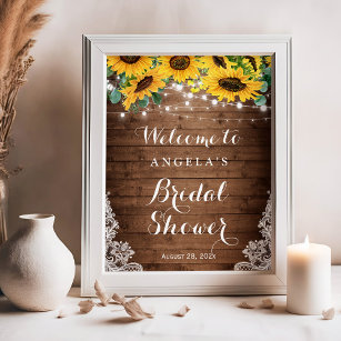 Póster Rustic Sunflowers String Lights Lace Bridal Shower