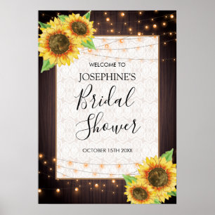 Póster Rustic Sunflowers String Lights Lace Bridal Shower