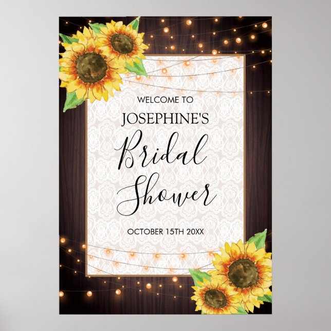 Póster Rustic Sunflowers String Lights Lace Bridal Shower (Frente)