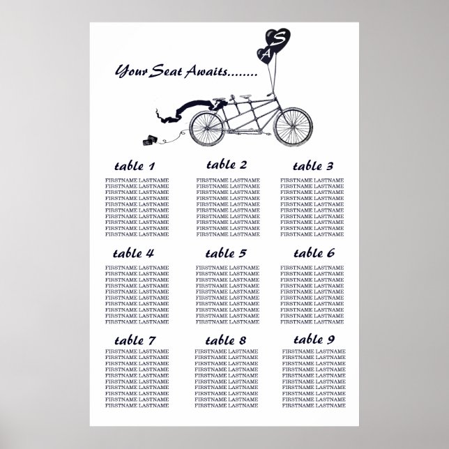 Póster Rustic Tandem Bicycle Wedding Seating Chart (Frente)