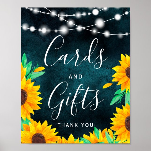 Póster Rustic teal string lights sunflowers Card gifts (Frente)