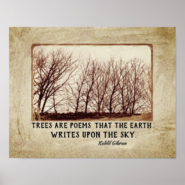 Póster rustic Trees Are Poems Kahlil Gibran quote  sepia (Frente)