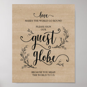 Póster Rustic Vines Wedding Sign Our Guest Globe Sign