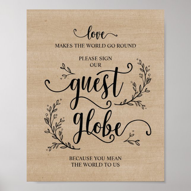 Póster Rustic Vines Wedding Sign Our Guest Globe Sign (Frente)
