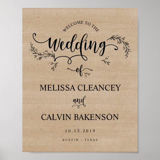 Póster Rustic Vines Wedding Welcome Sign Poster (Frente)