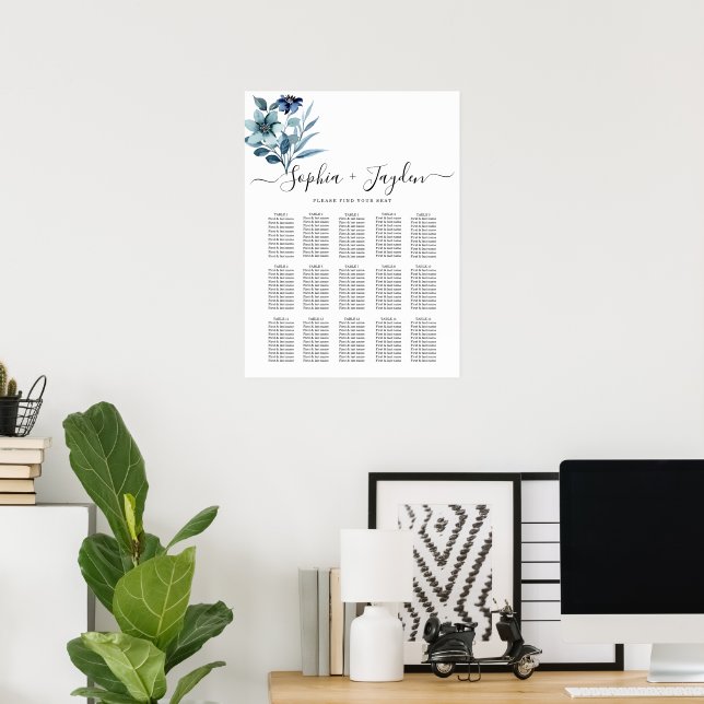 Póster rustic watercolor illustration blue floral bouquet (Oficina en casa)