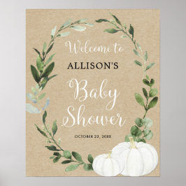 Póster Rustic white pumpkins baby shower welcome sign