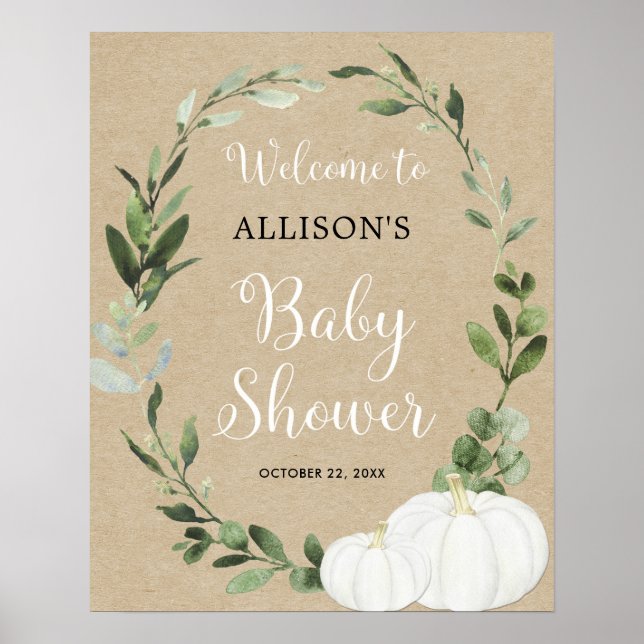 Póster Rustic white pumpkins baby shower welcome sign (Frente)