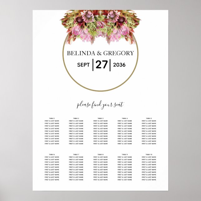 Póster Rustic Wild Flower Bouquet Wedding Seating Chart (Frente)
