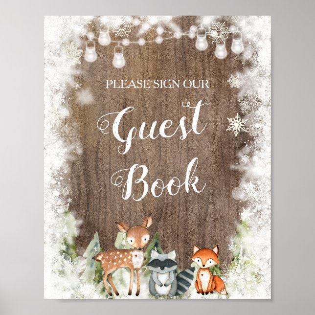 Póster Rustic Winter Animals Woodland Baby Guest Book (Frente)