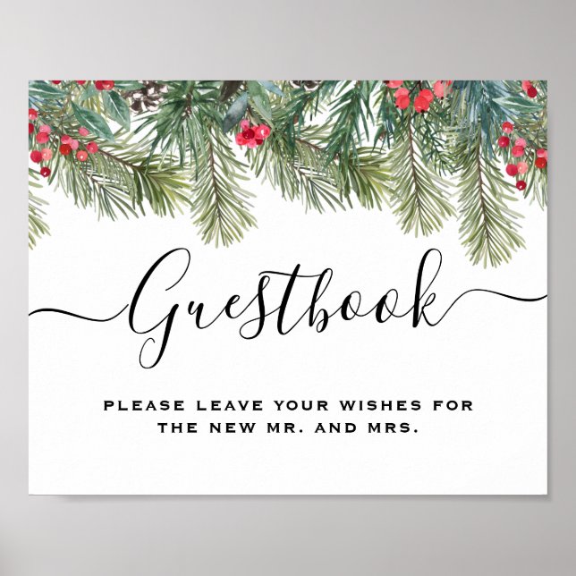 Póster Rustic Winter Berry Pine Greenery Wedding