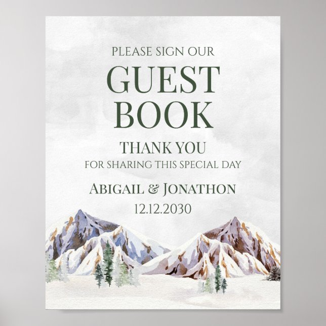 Póster Rustic Winter Mountain Wedding Guest Book Sign (Frente)