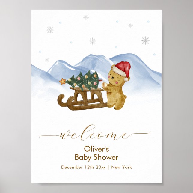 Póster Rustic Winter Sleigh Bear Baby Shower Welcome (Frente)