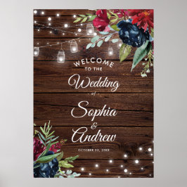 Póster Rustic Wood Burgundy Floral Lights Wedding Welcome