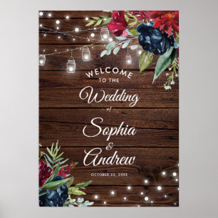 Póster Rustic Wood Burgundy Floral Lights Wedding Welcome