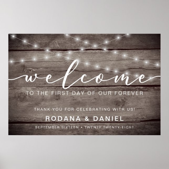 Póster Rustic Wood Lights Bienvenidos Rótulo Boda (Frente)