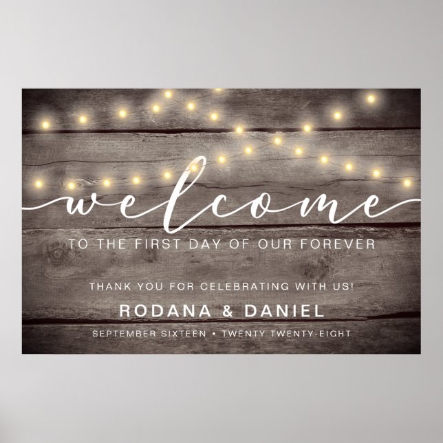 Póster Rustic Wood Lights Bienvenidos Rótulo Boda (Frente)