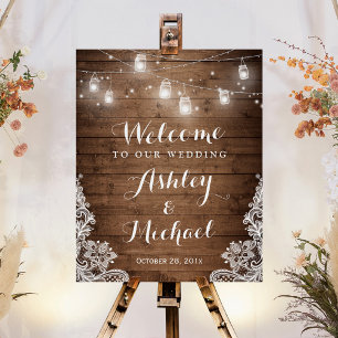 Póster Rustic Wood Mason Jar Ilumina Rótulo Boda Lace