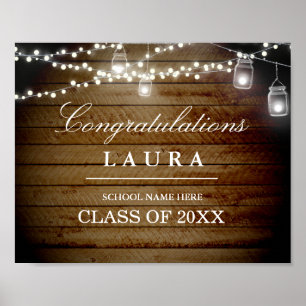 Póster Rustic Wood String Lights Graduation Rótulo Poster