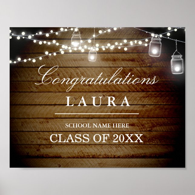 Póster Rustic Wood String Lights Graduation Rótulo Poster (Frente)