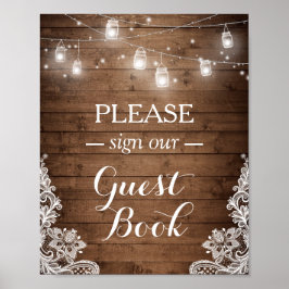 Póster Rustic Wood String Lights Lace Rótulo Guestbook