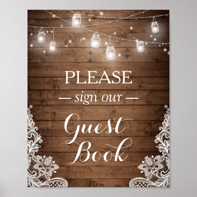 Póster Rustic Wood String Lights Lace Rótulo Guestbook (Frente)