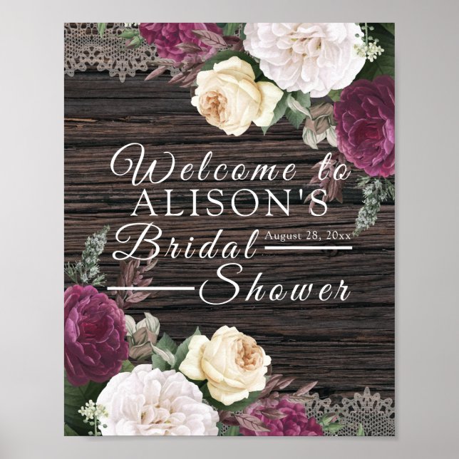 Póster Rustic wood Wedding Bridal Shower Sign (Frente)