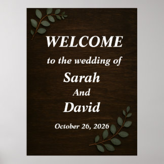 Póster Rustic Wood Wedding Welcome Sign with Eucalyptus L