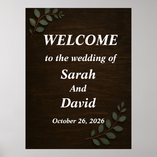 Póster Rustic Wood Wedding Welcome Sign with Eucalyptus L (Frente)