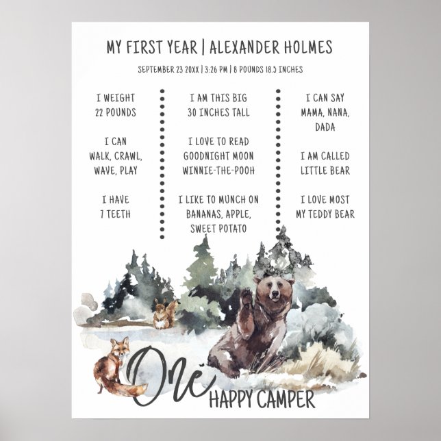 Póster Rustic Woodland One Happy Camper Milestone Board (Frente)