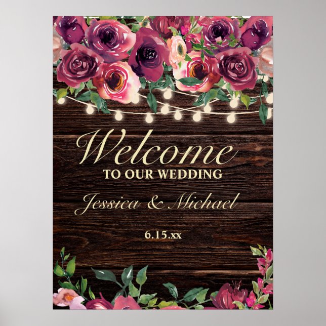 Póster Rústica cuerda ilumina Rótulo de Boda floral de Bo (Frente)