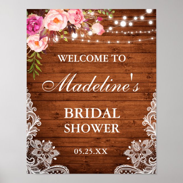 Póster Rústica ducha de novia Madera Lace de flores rosad (Frente)