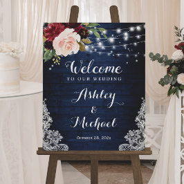Póster Rústica Navy Floral String Lights Lace Boda Rótulo