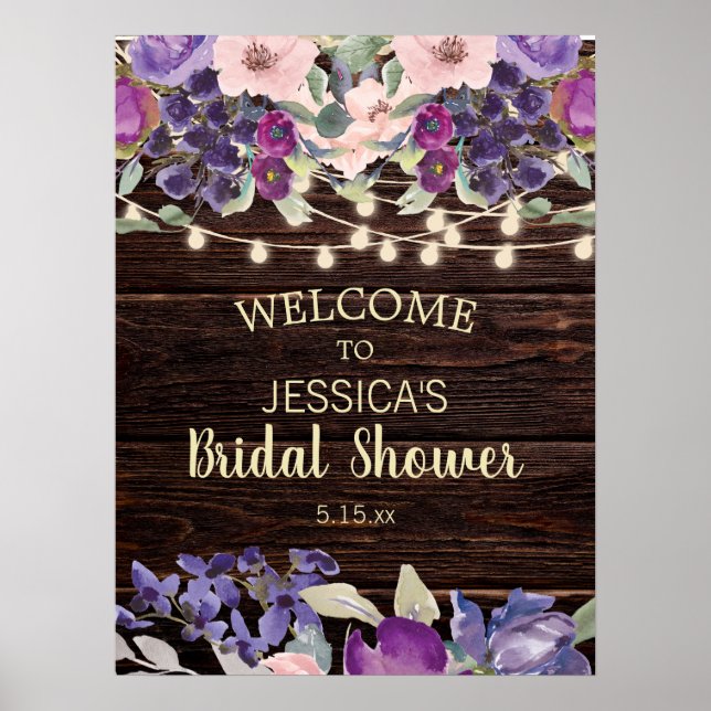 Póster Rústica String Light Purple Floral Bridal Shower (Frente)