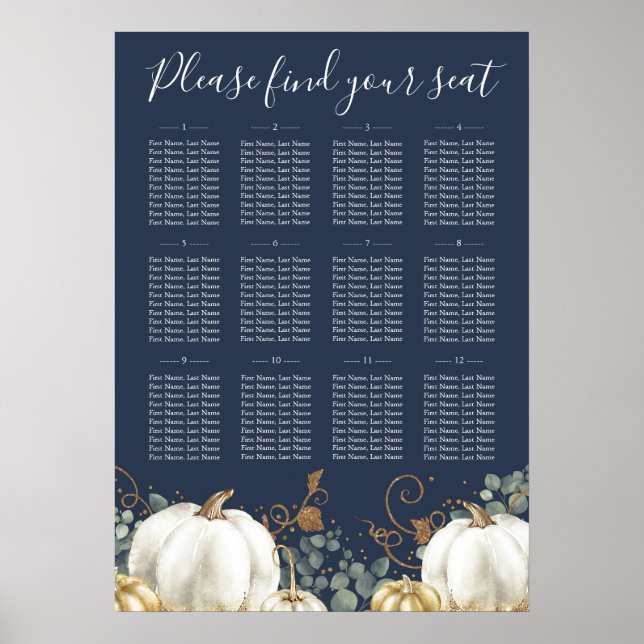 Póster Rústica tabla de asientos Boda de calabazas blanca (Frente)