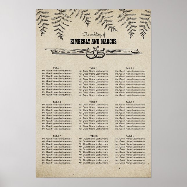 Póster Rústica tabla de asientos de Bodas de herradura de (Frente)