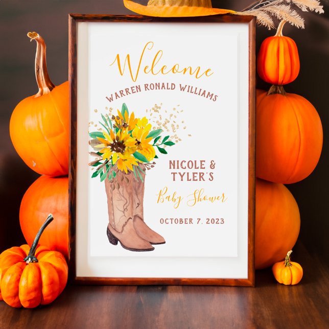 Póster Rústicas botas de vaquero acuarela ducha de bebé (Rustic cowboy boots watercolor baby shower poster)