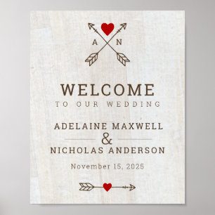 Póster Rústico arroja al Boda del corazón rojo