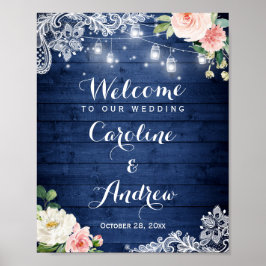 Póster Rústico Blue String Lights Lace Floral Boda Rótulo