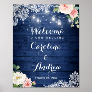 Póster Rústico Blue String Lights Lace Floral Boda Rótulo