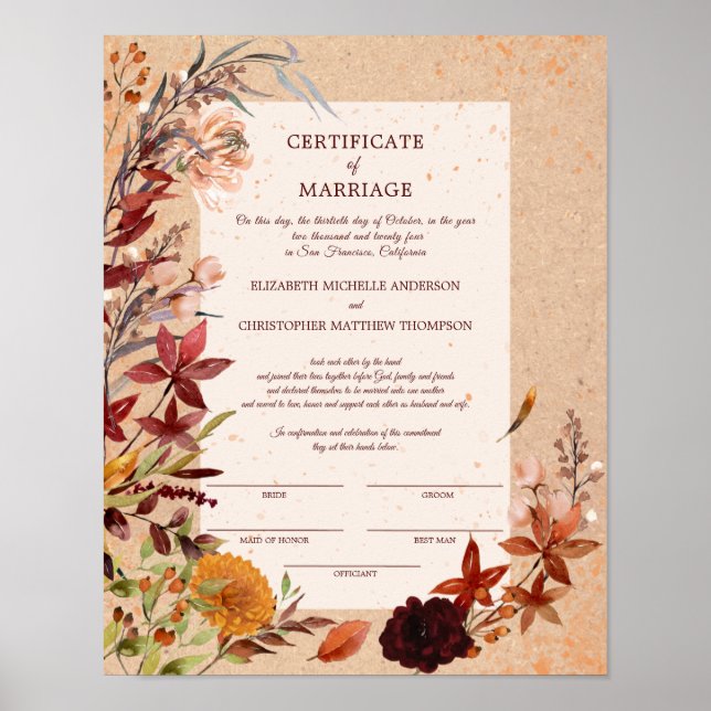 Póster Rústico certificado floral de floración otoñal de  (Frente)