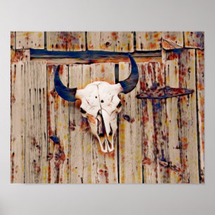 Póster Rústico del Oeste de Bull Skull Brown Barn