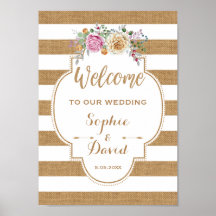 Rústico Floral Burlap Stripes Boda BIENVENIDO SIGN