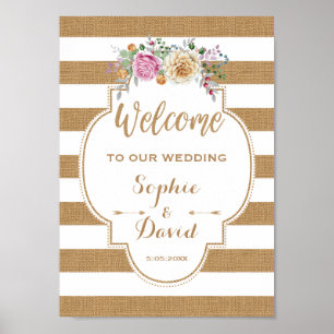 Póster Rústico Floral Burlap Stripes Boda BIENVENIDO SIGN
