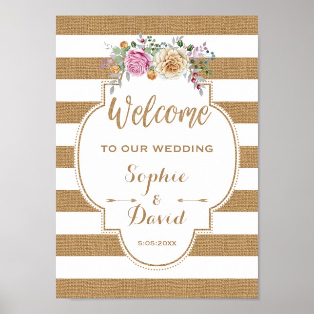 Póster Rústico Floral Burlap Stripes Boda BIENVENIDO SIGN (Frente)